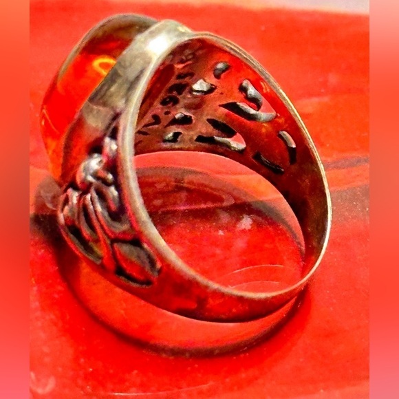 ZIV Amber Ring Sterling silver filigree cabochon Bezel set oval signed 6 5505 YA - Picture 6 of 15